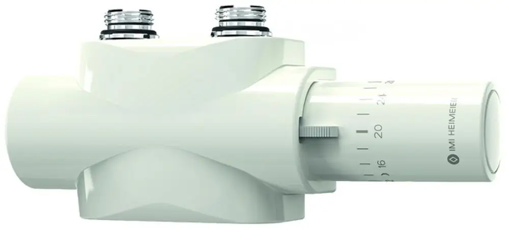 Weißes Ventil mit zwei Anschlüssen und einstellbarem Regler, hergestellt von IMI Hydronic Engineering, zur Steuerung von Heizkreisläufen in Heizsystemen.